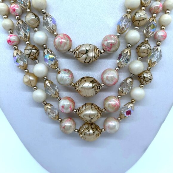 Vintage 4-Strand Japan Necklace Pink Swirled Beads Glass Acrylic Gold-Tone 1950s - Picture 4 of 16